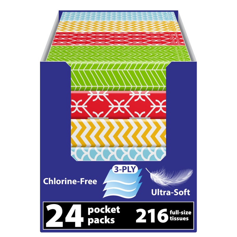 Funwares Travel Tissue Packs â€“ 24 Compact 3-Ply Packs (216 Total), Soft Chlorine-Free Facial Tissues for Purse, Car, or School, Gentle & Durable, Non-Bleach, Stylish Geometric Design - Image 1
